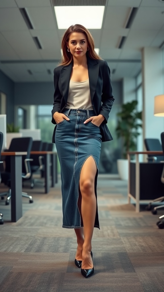A woman in a black blazer and long jean skirt with a slit, walking confidently in an office space.