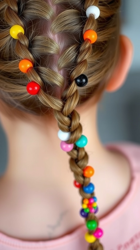 Back view of a child's hair styled in a four-strand braid with colorful beads.