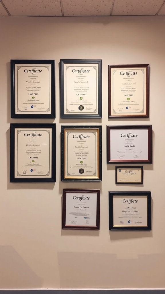 A wall decorated with framed certificates showcasing team achievements
