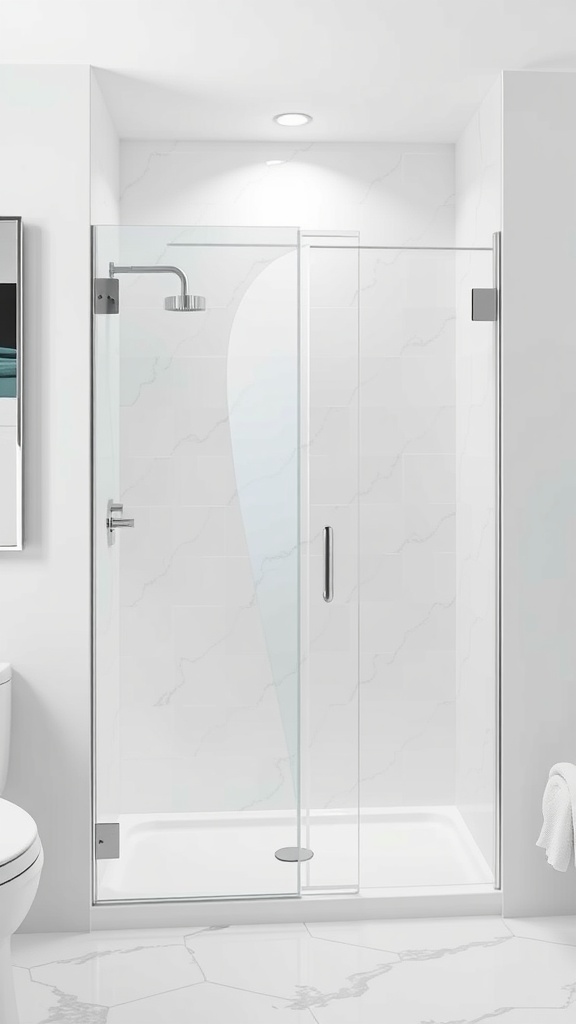A modern frameless glass shower in a clean bathroom with white tiles.