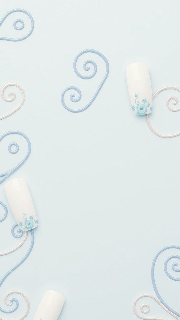 Light blue swirls nail art on a light background