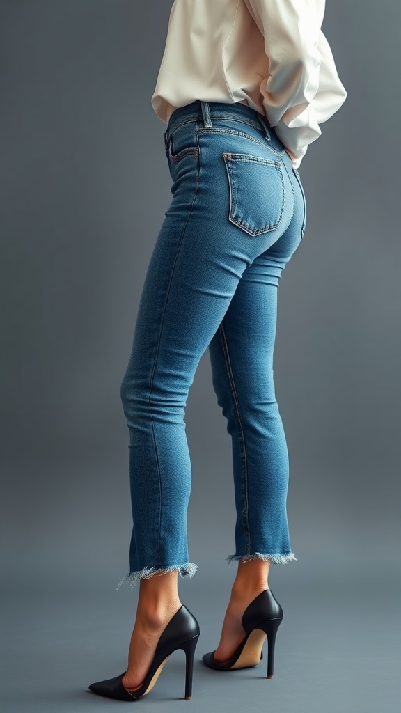 A person wearing frayed hem jeans and black high heels, showcasing a business casual outfit.