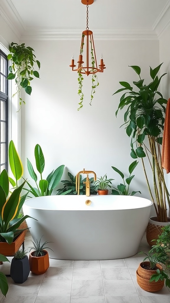 A modern farmhouse bathroom featuring a freestanding bathtub surrounded by plants and a warm-toned chandelier.