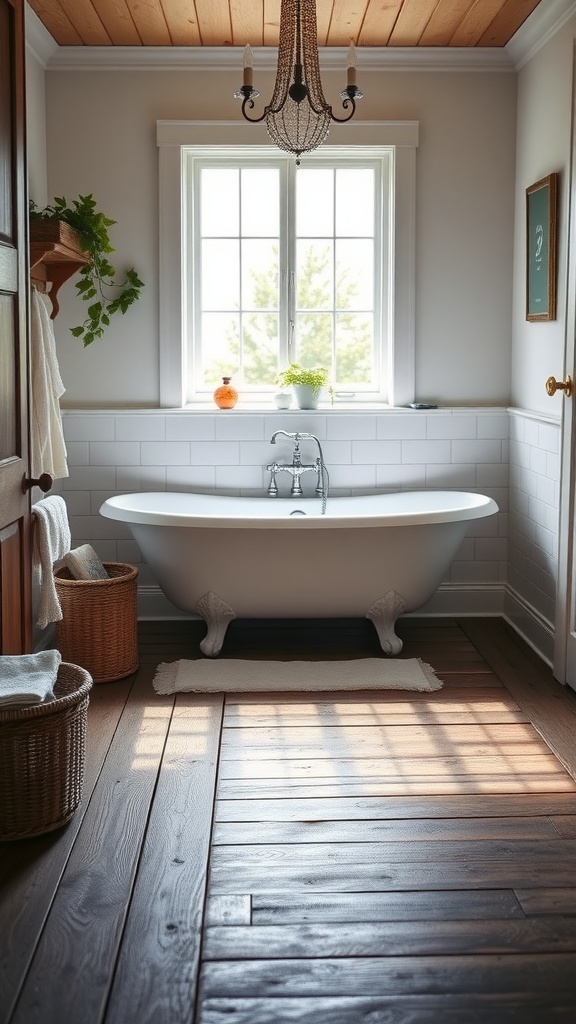 A vintage farmhouse bathroom featuring a classic freestanding bathtub, wooden flooring, and natural light.