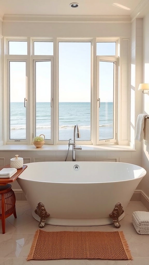 A bright coastal bathroom featuring a freestanding white bathtub by large windows with a view of the sea.