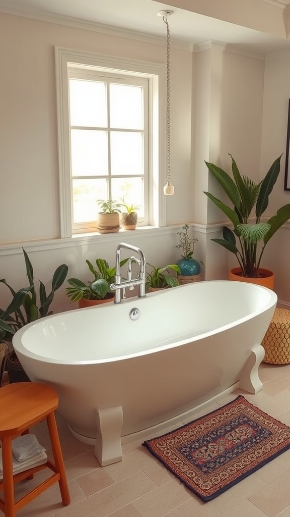 A white freestanding bathtub with curved edges, surrounded by plants and a warm light fixture, reflecting a cozy 70s bathroom aesthetic.