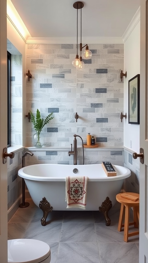 Small bathroom featuring a freestanding tub with elegant design and cozy lighting.