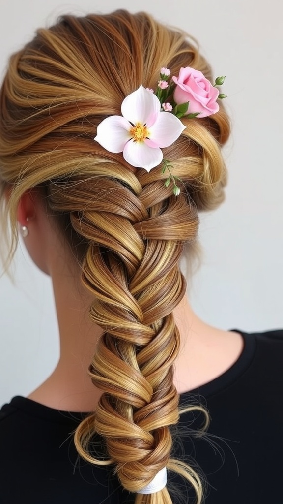 A beautiful French braid adorned with pink and white flowers