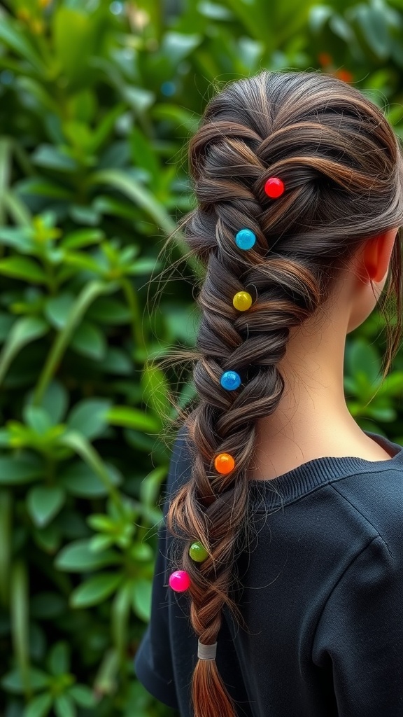 A close-up of a French braid hairstyle adorned with colorful beads, showcasing the beauty of textured hair.