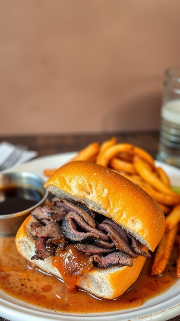A delicious French dip steak sandwich with beef, served with dipping sauce.