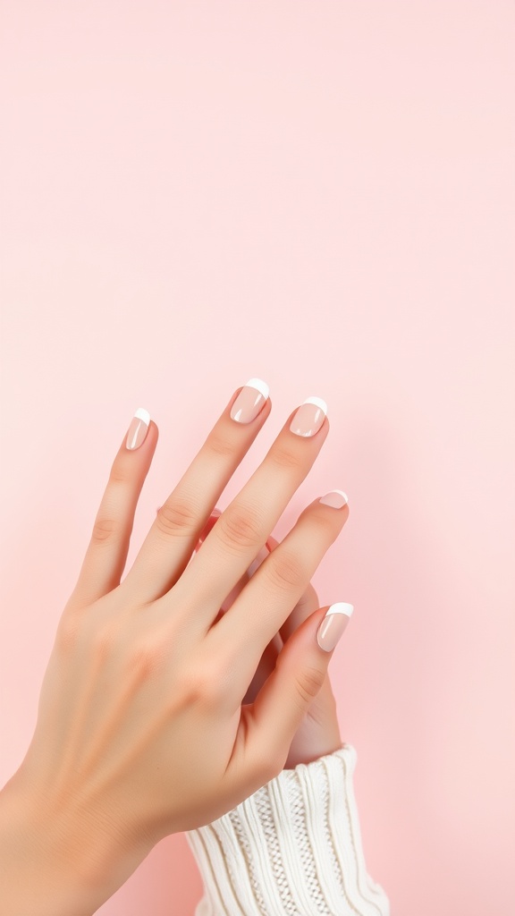 French manicure with a nude base and white tips on hands against a pink background