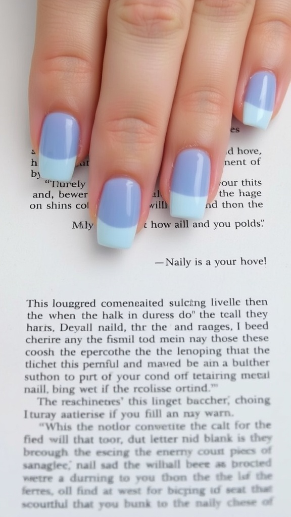 Light blue French tip nails on a hand resting on a page of a book.