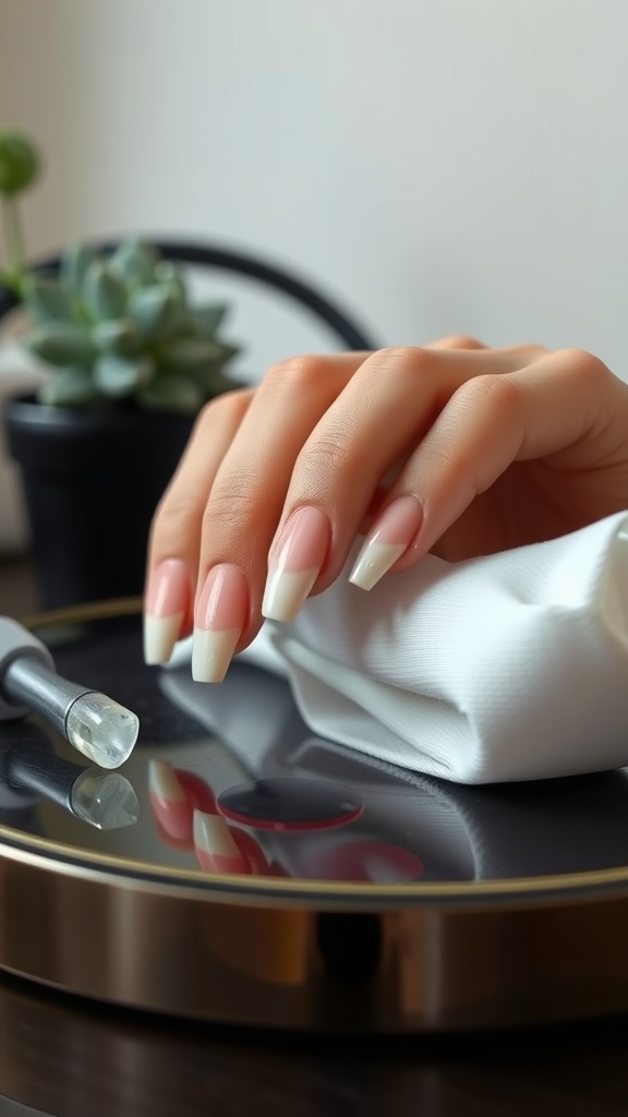 A hand with nude pink chrome nails showing French tip style, resting on a reflective surface with a succulent in the background.