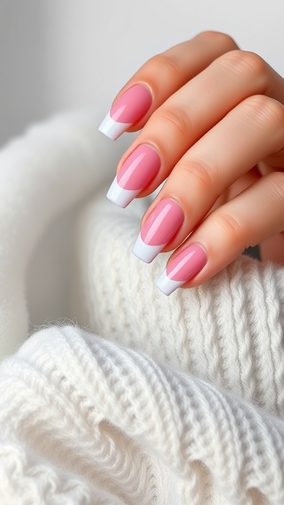 A hand with baby pink chrome nails featuring white French tips, resting on a soft white knitted sweater.