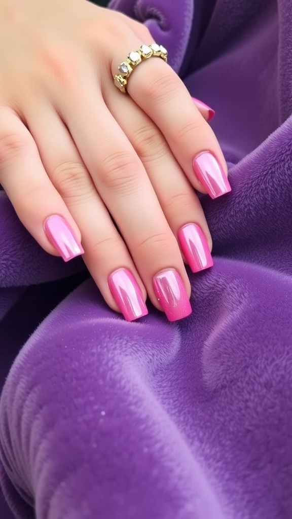 Close-up of hands with pink chrome square nails and a gold ring on a purple background.