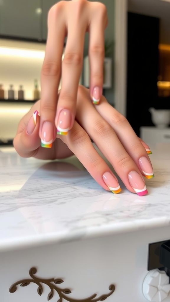 Close-up of cute short acrylic nails featuring colorful French tips on a marble surface.
