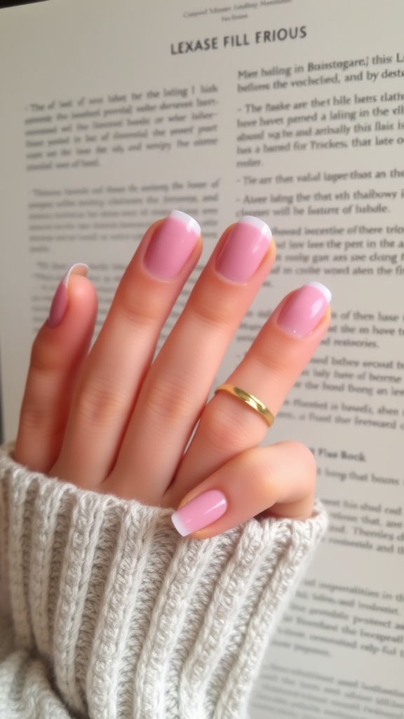Close-up of hands with pink acrylic nails featuring French tips, wearing a cozy sweater and showing a gold ring.