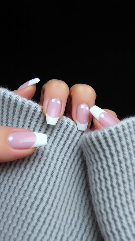 Pink nails with white French tips and white polka dots, resting on a grey sweater.