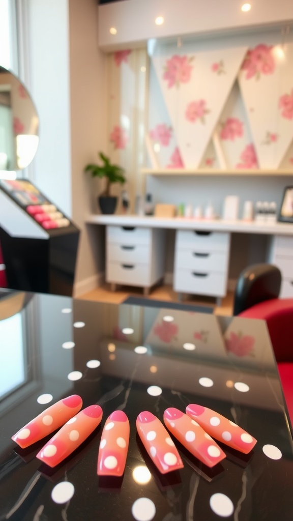 Fake nails with a pink gradient base and white polka dots on a table with a polka dot pattern.