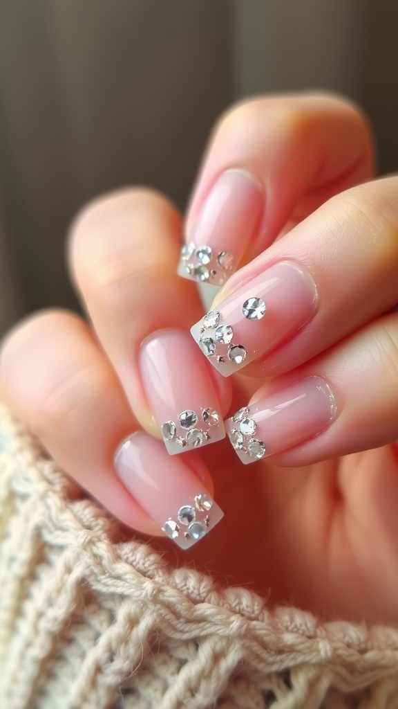 Close-up of manicured nails featuring white French tips and decorative rhinestones.
