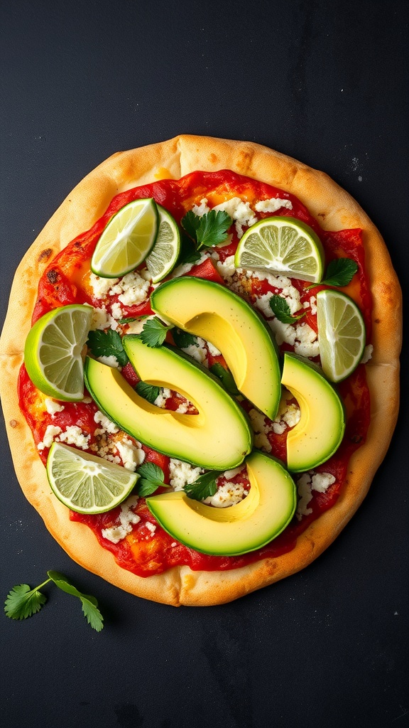 A delicious Mexican pizza topped with avocado slices and lime wedges.