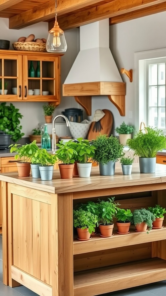 A rustic farmhouse kitchen island with a fresh herb garden, featuring various potted herbs like basil, parsley, and mint.