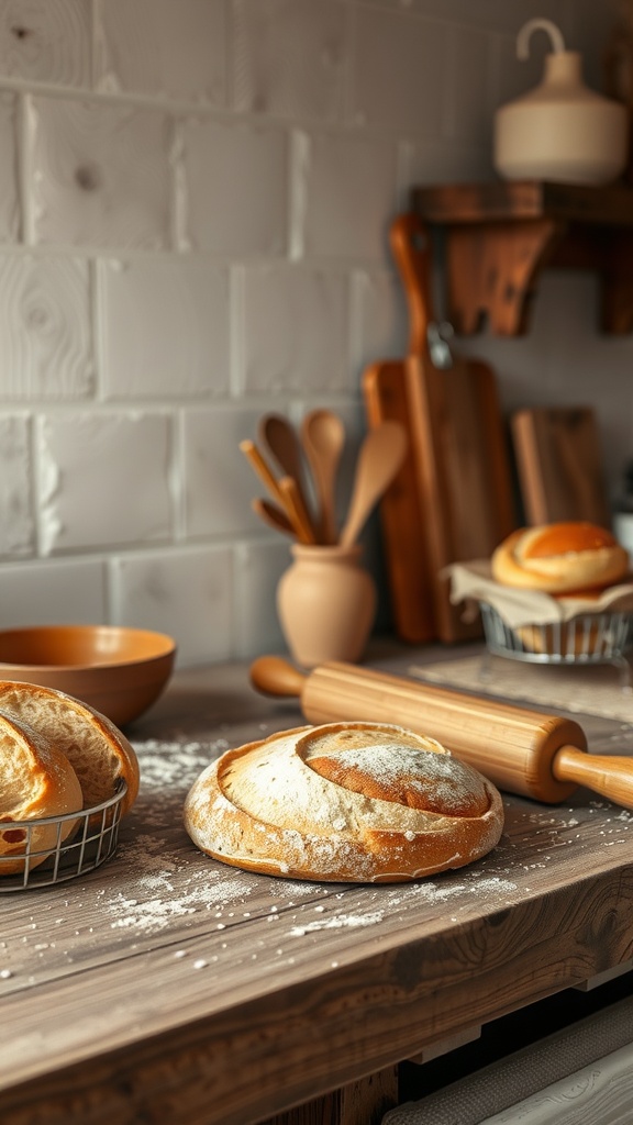Freshly baked bread on a wooden counter in a farmhouse kitchen