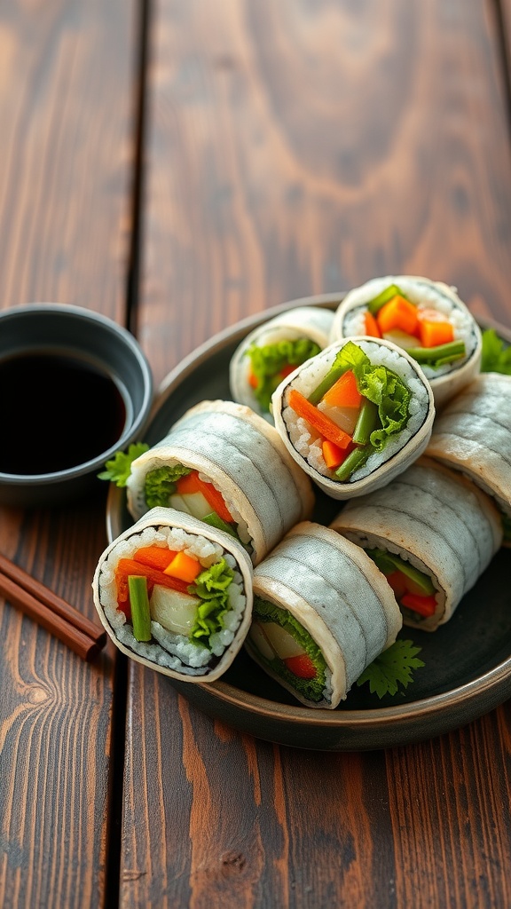A plate of fried rice sushi rolls with vibrant vegetables and dipping sauce.