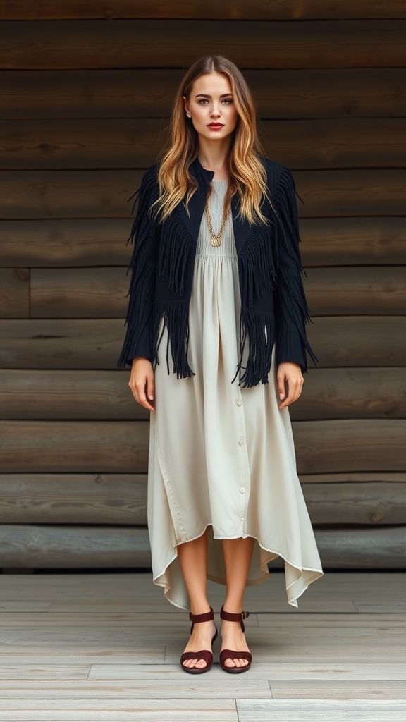 A model wearing a fringe-detail jacket over a flowing dress, showcasing a bohemian style.
