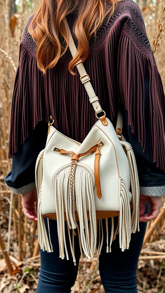 Woman wearing a fringe jacket and holding a fringed bag, showcasing a casual boho style.