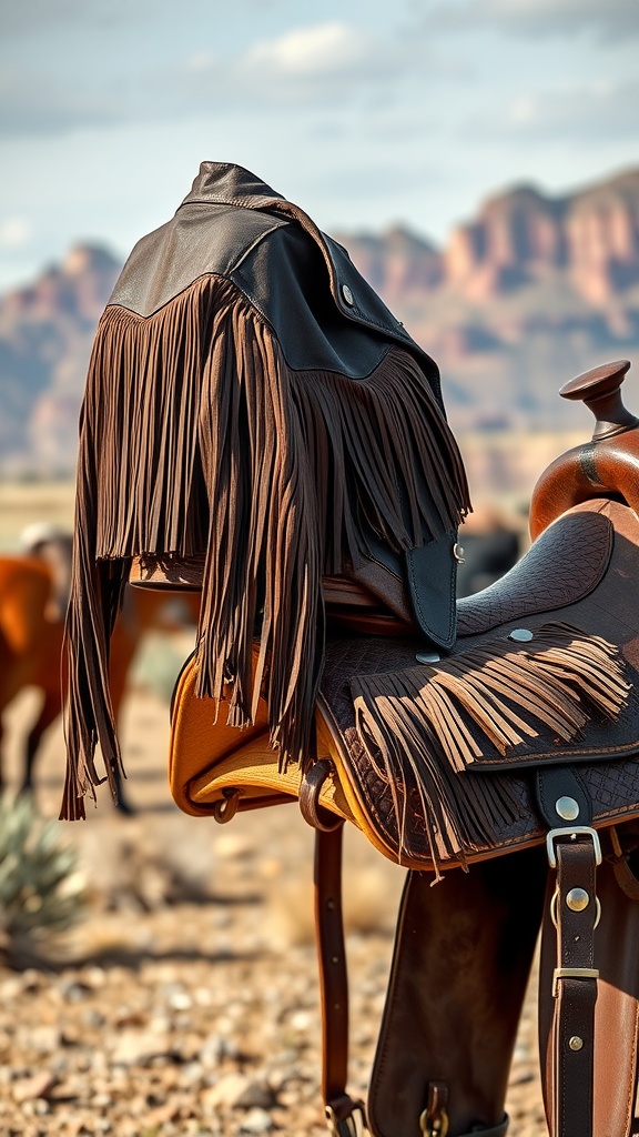 A fringe jacket on a saddle with a scenic background.