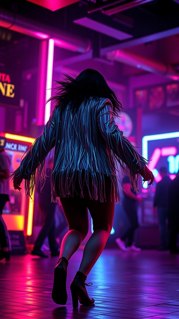 A person wearing a fringe jacket dancing at a rave surrounded by neon lights