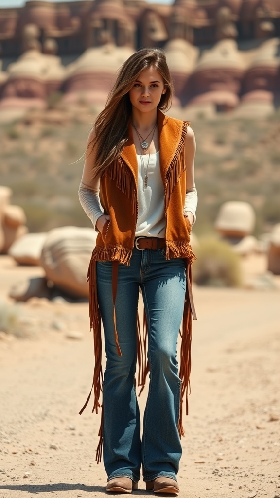 A woman wearing a fringe vest, flared jeans, and a simple top, standing in a desert landscape.