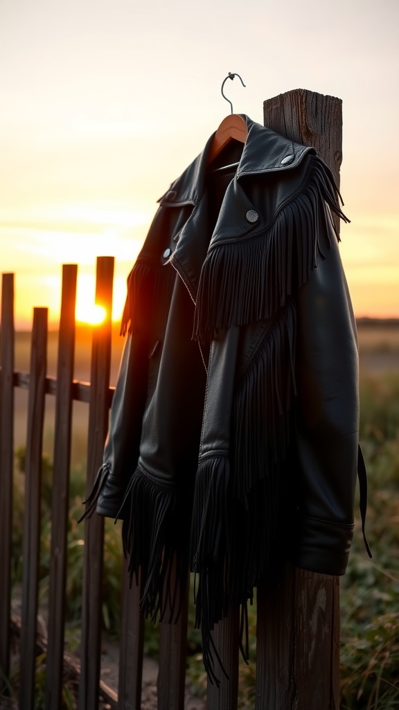 A black fringed jacket hanging on a wooden fence at sunset