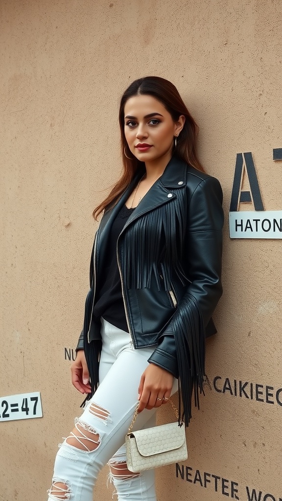 A woman wearing a fringed black jacket, white ripped jeans, and holding a small handbag, standing against a wall.