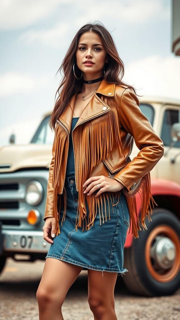 A model wearing a fringed leather jacket and denim skirt, posing confidently with vintage cars in the background.