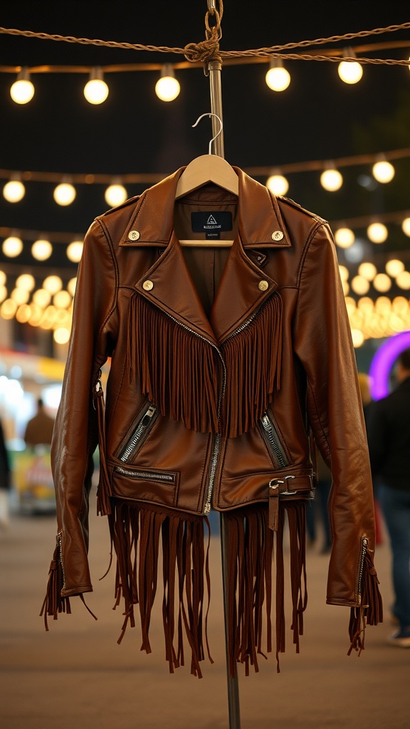 A brown fringed leather jacket hanging under string lights