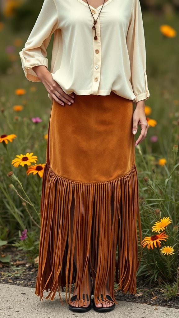 A woman wearing a fringed suede skirt and a bohemian blouse, standing in a field of flowers.