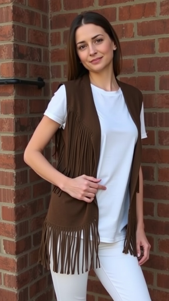 A woman wearing a fringed vest over a simple white tee, standing against a brick wall.