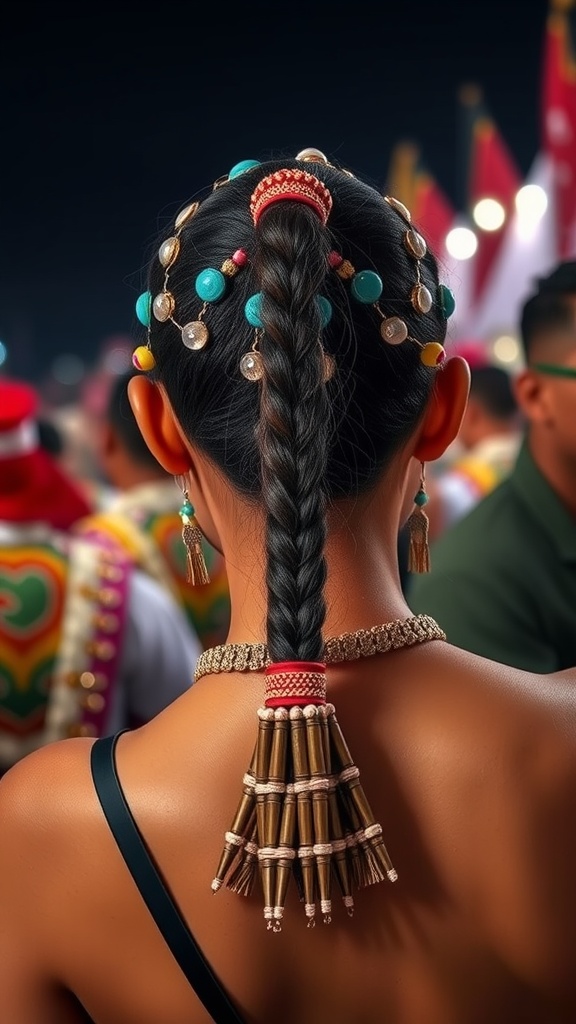 A woman with a braided ponytail decorated with colorful beads and accessories, viewed from the back.