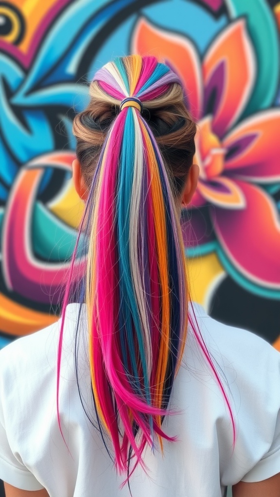 A vibrant frontal ponytail hairstyle with colorful extensions against a bright floral background.