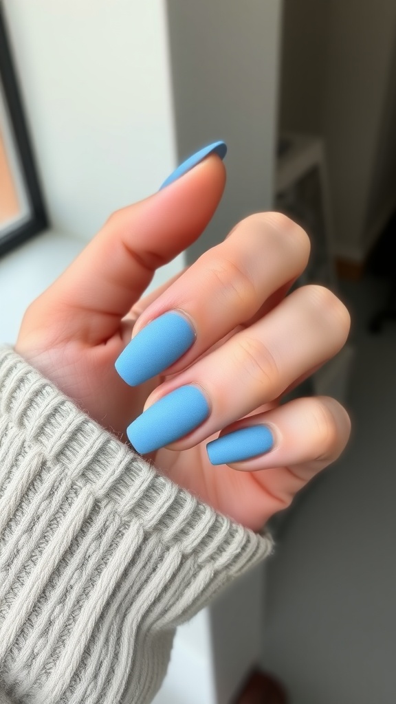 Close-up of hands with frosted blue matte finish nails