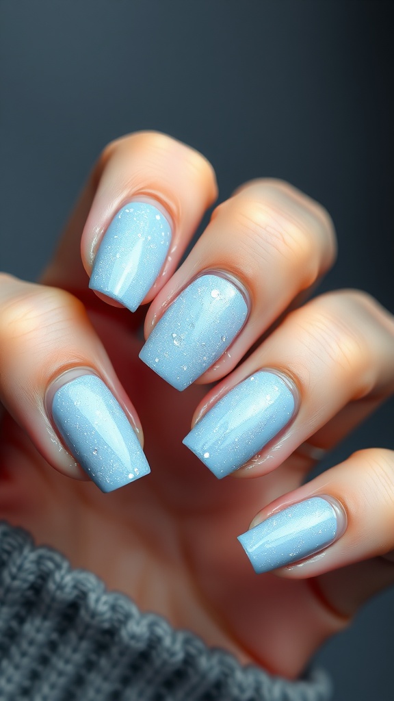 Fingers showing frosted light blue nails with a glossy finish and subtle shimmer