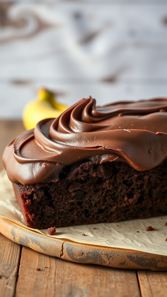 A slice of chocolate banana bread topped with rich chocolate frosting.