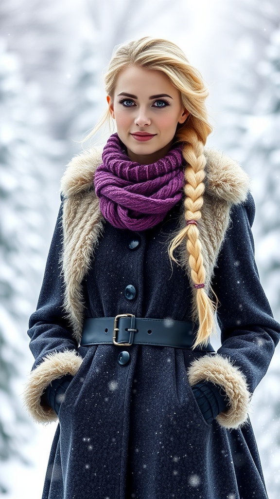 A woman in a navy winter coat with a faux fur collar and a purple scarf, standing in a snowy landscape.