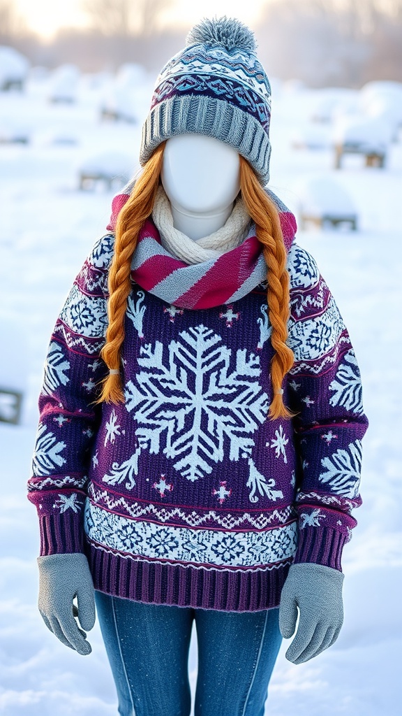 A mannequin dressed in a vibrant snowflake sweater, beanie, and scarf in a snowy environment.