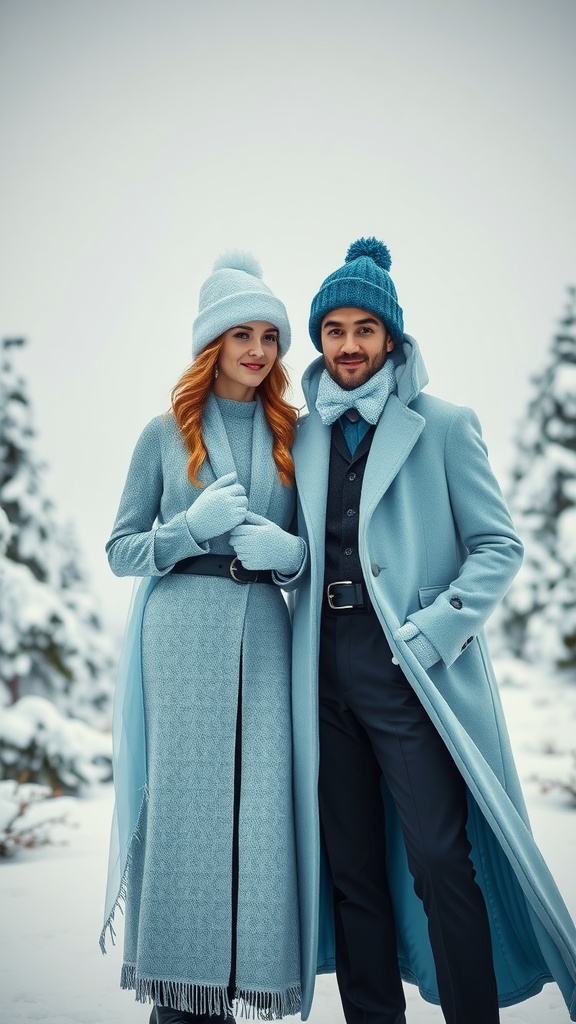 A couple dressed in Frozen-themed winter outfits, with the woman in a light blue coat and beanie, and the man in a matching blue coat and hat, posing in a snowy setting.
