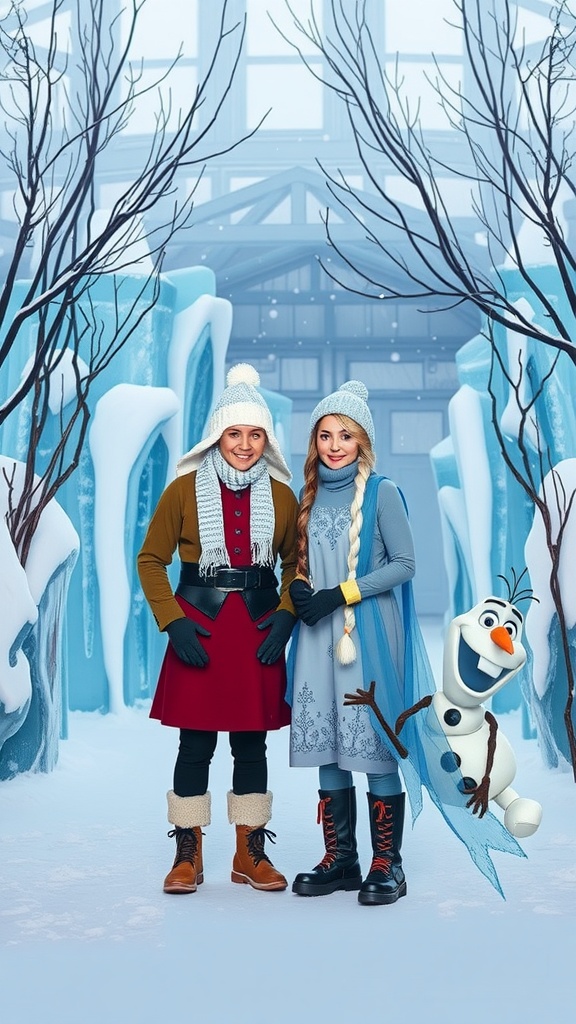 A Frozen-themed winter wear outfit featuring two characters, with winter clothing and a snowman.