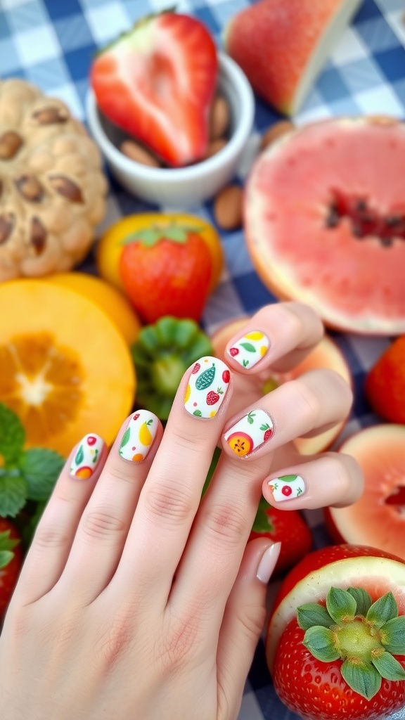 Close-up of almond nails with colorful fruit designs, surrounded by fresh fruits