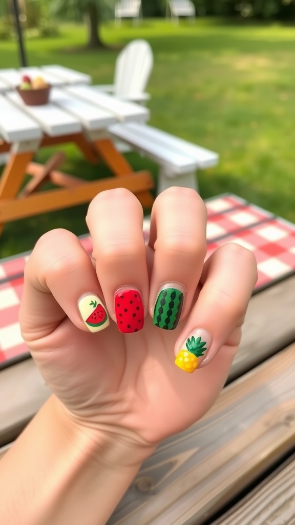 A hand showing short summer nails painted with fruit designs including strawberries, watermelon, and pineapple.